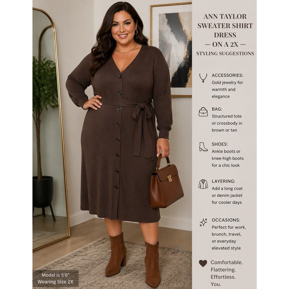 Ann Taylor Sweater Shirt Dress XXL Long Sleeve Button Tie Brown New $178